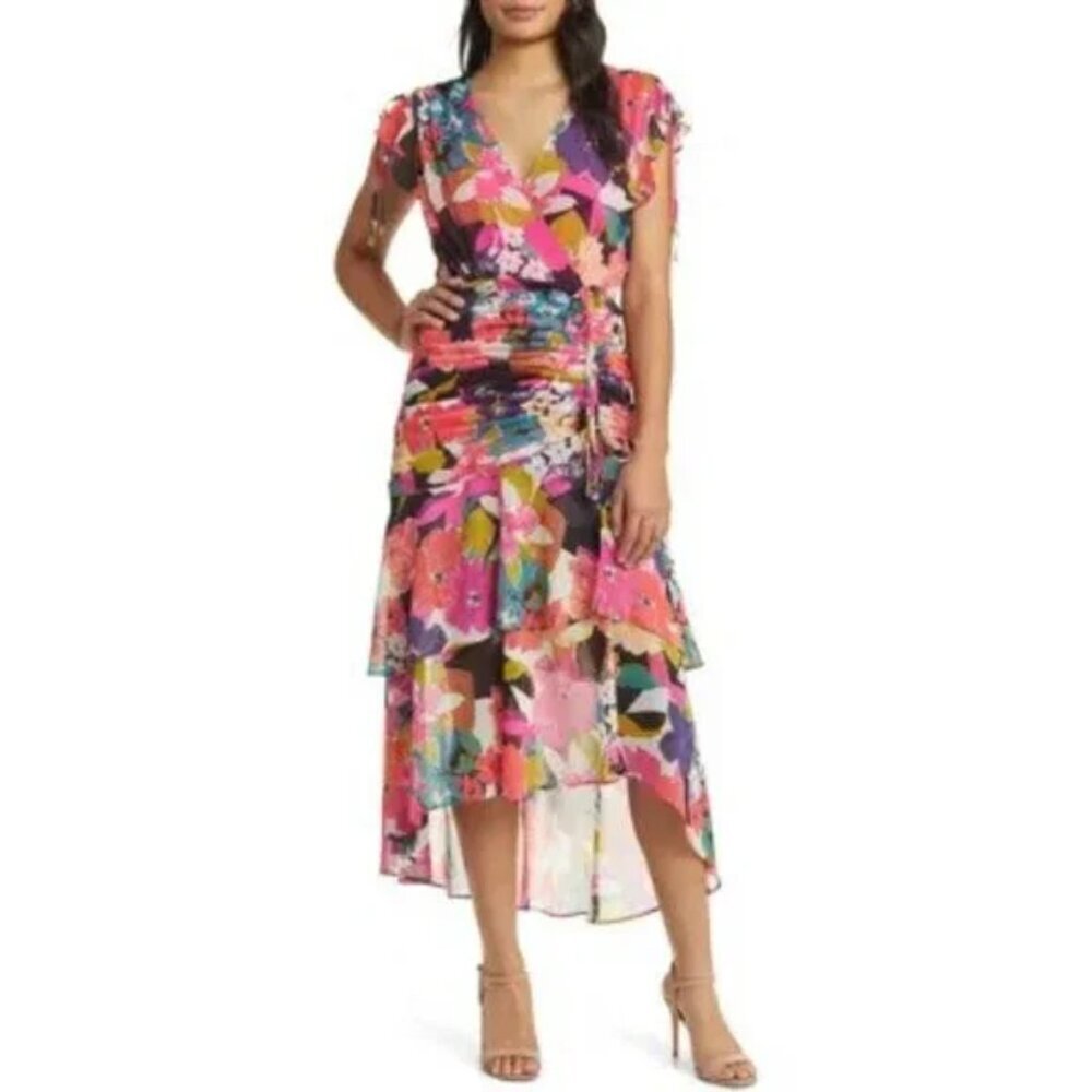Tahari ASL Floral Side Ruched Chiffon Midi Dress in Coral/Blue Multi. Sz: 4
